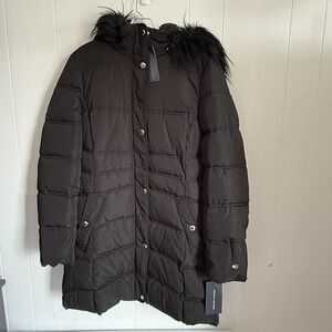 Tommy Hilfiger Quilted Puffer Jacket Womens Medium Black Hooded Faux Fur Coat
